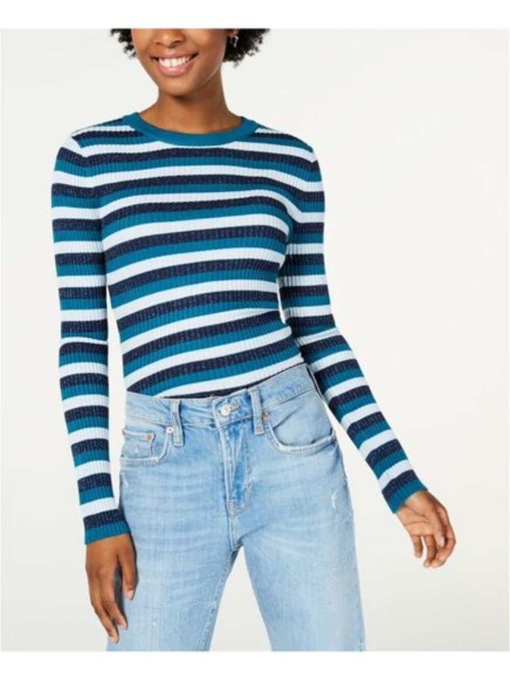 HOOKED UP Womens Teal Stretch Fitted Ribbed Knit Long Sleeve Sweater S